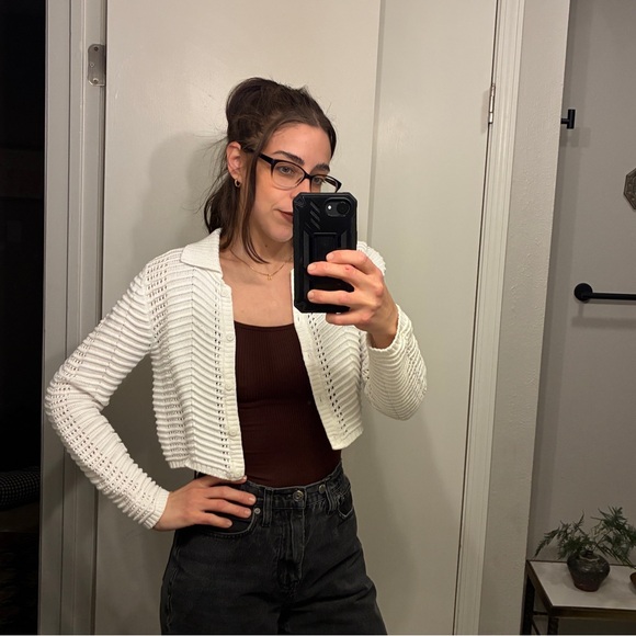 Cotton On Sweaters - Cotton On White Cropped Pointelle Knit Button Cardigan